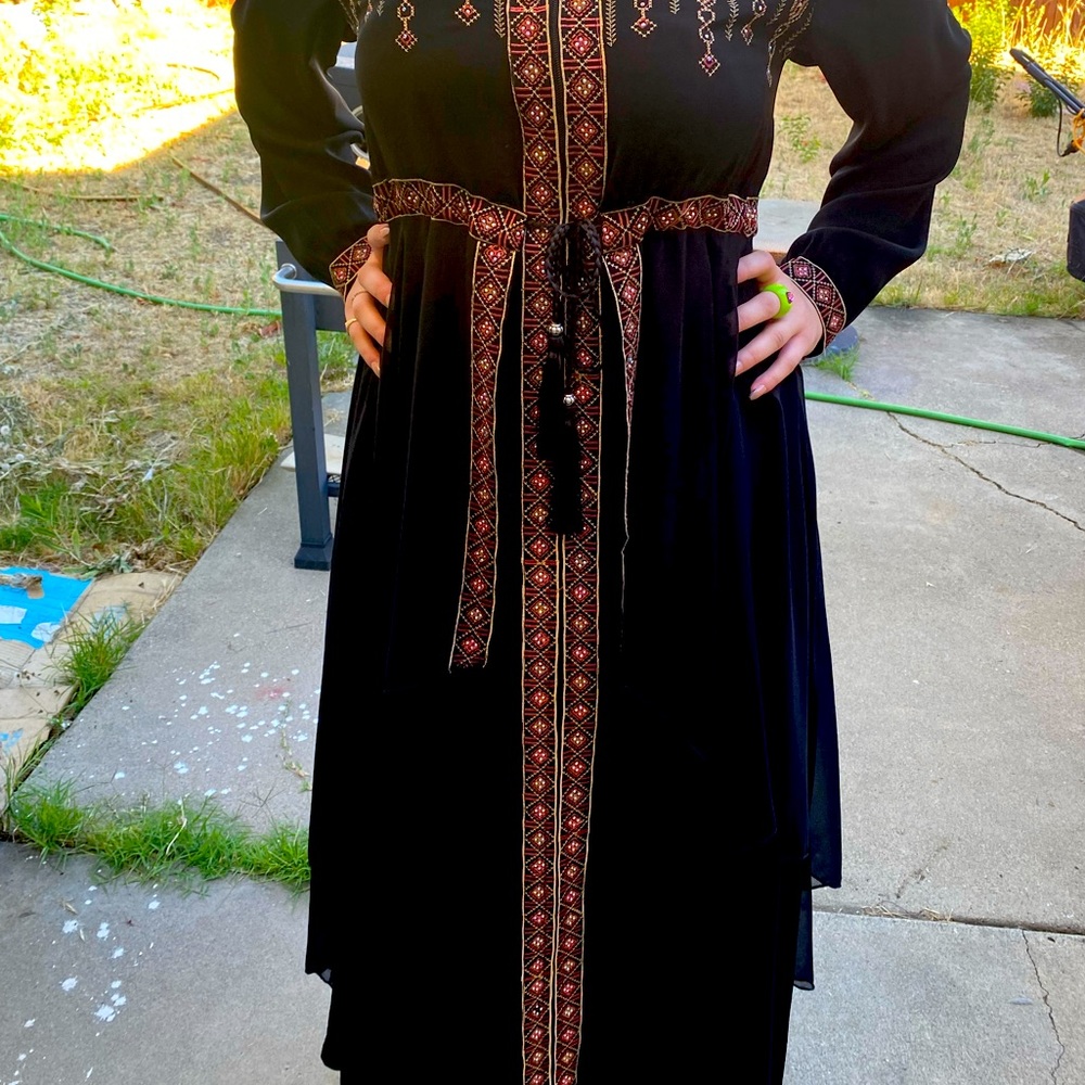 Black Abaya with golden and brown Embroidery.
